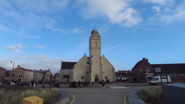 Pov Walking Andreas Church Katwijk Aan Zee Birds Flying Blue — 图库视频影像