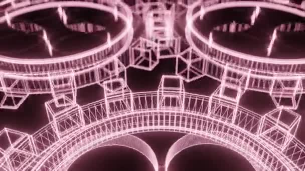 摘要线框3D渲染动画 明亮的粉色全息3D齿轮环路背景动画 — 图库视频影像
