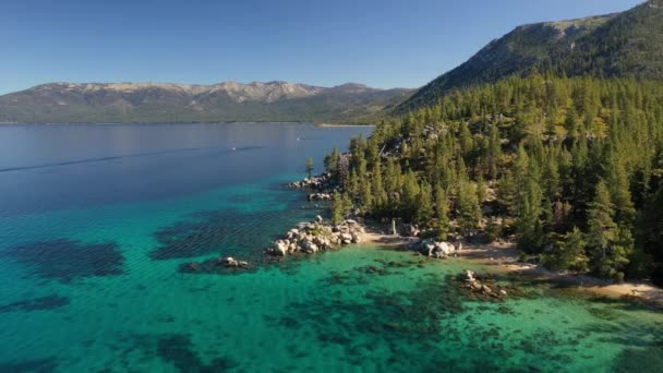 Turquoise Water Mountains Lush Vegetation Lake Tahoe California Aerial Drone — Video Stock