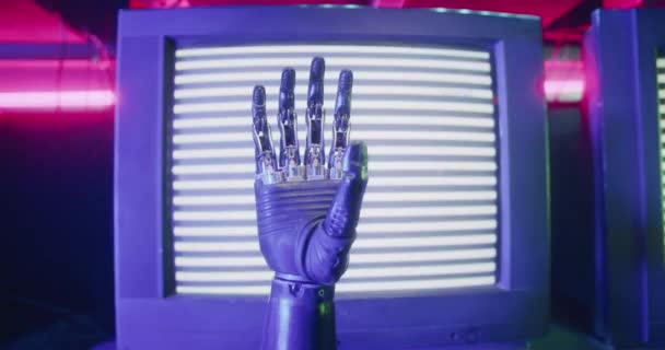 Modern Robotic Hand Vintage Television Background Retro New Concept People — Stockvideo