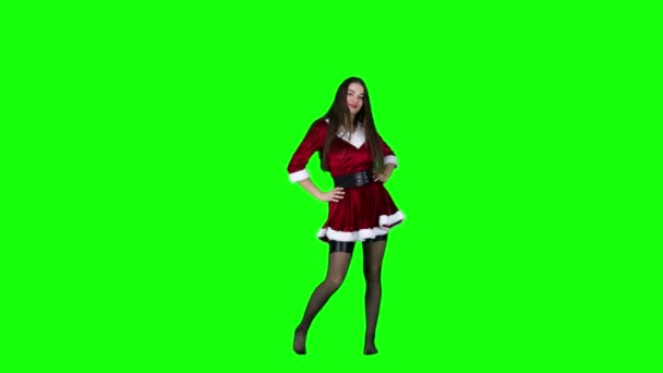 Förförisk Kvinnlig Dansare Juldräkt Dansar Framför Grön Skärm — Stockvideo