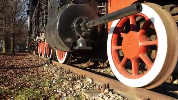 Train Track Details Steam Locomotive Close Handheld — Stockvideo