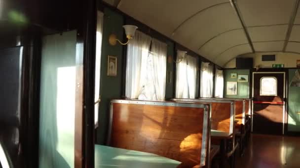 Backward Walking View Vintage Train Transformed Restaurant Handheld — Wideo stockowe