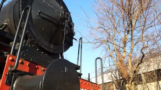Details Old Disused Black Red Steam Locomotive Handheld — Stock video