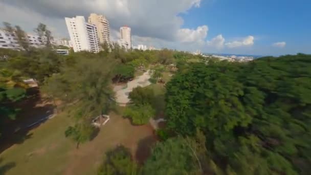 Fpvドローンは市内の緑豊かな公園の上を飛行します — ストック動画