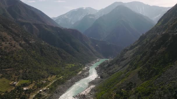 Aerial View River Running Swat Valley Floor — стоковое видео