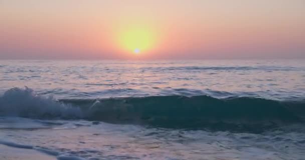 Panoramic View Multiple Turbulent Waves Coming Sandy Shore Sunset Fixed — Stock Video