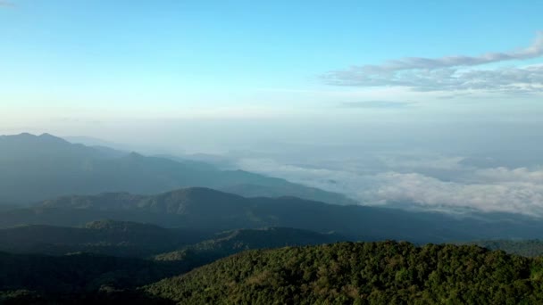 アジアの日の出に森に囲まれた山の上を飛ぶドローン — ストック動画