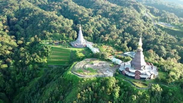 Drone Doing Orbit Shot Temple Top Mountain Morning Sunrise Asia — Stock Video