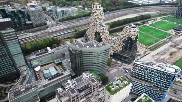 Aerial Pan Flying Amsterdam Zuidas Financial District Valley Flat Complex — Vídeos de Stock