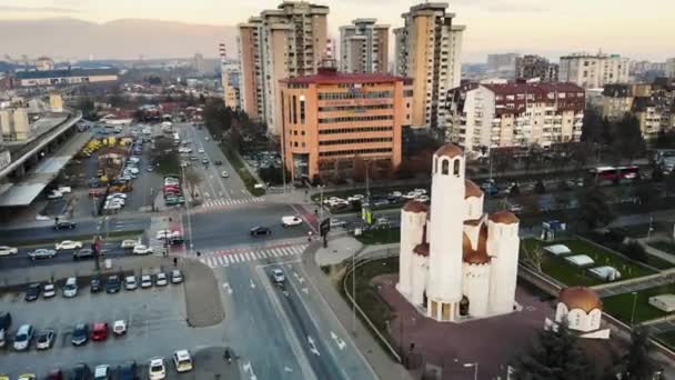 Flying Church Three Holy Hierarchs Drone Next Train Bus Station — Stock video