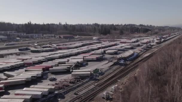 Container Dock Railway Highway Vancouver Shipping Terminal Canada Aerial Circling — Vídeos de Stock