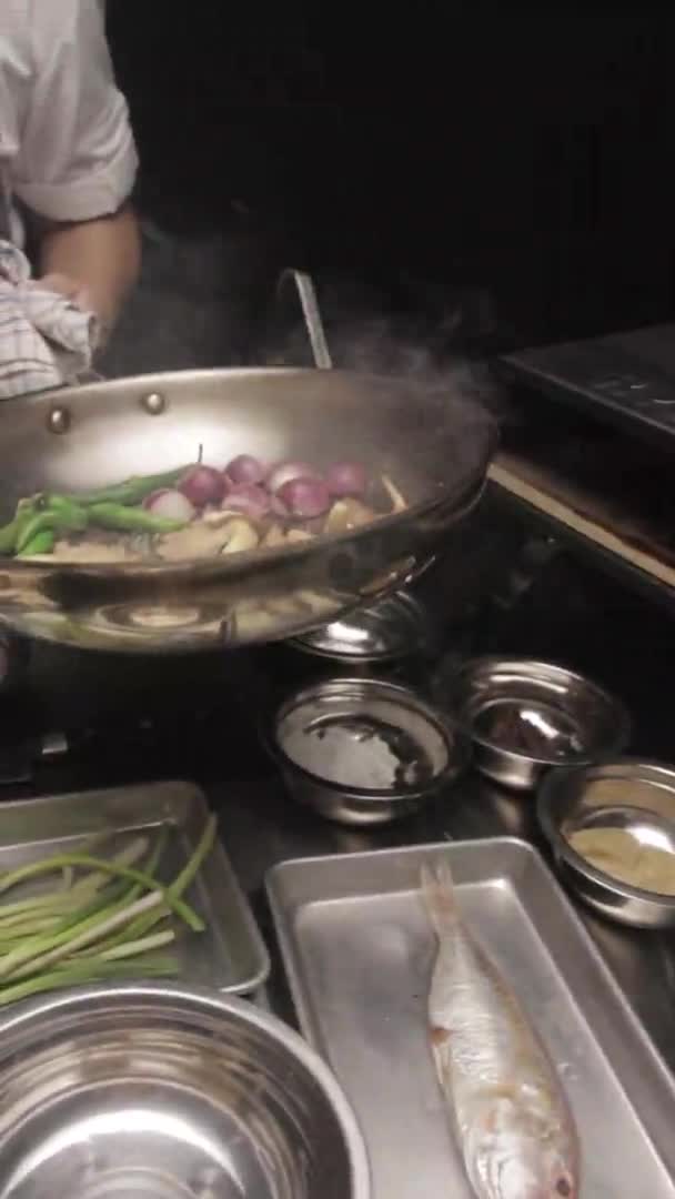 Portrait Slow Motion Shot Chef Frying Vegetables Hot Wok Pan — Wideo stockowe