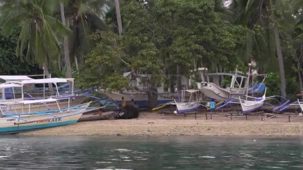Long Shot Kids Playing Tree Fishing Boats Beach Side — Video Stock