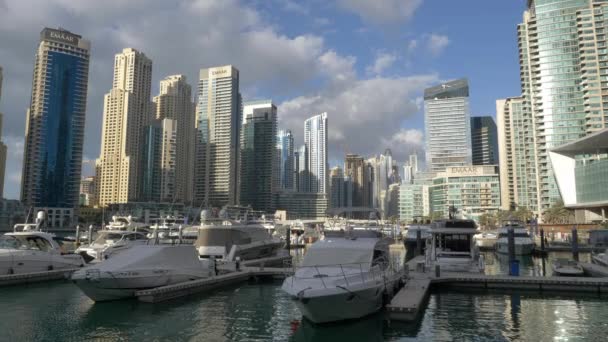 High Rise Skyscrapers Expensive Motorboats Static Tripod Dubai Marina — Stock videók