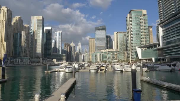 Luxurious Hotels Skyscrapers Dubai Marina Yachts Mooring Cloudy Quiet Day — Video