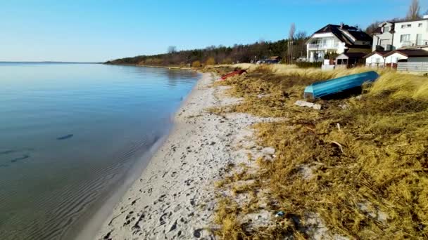 Aerial Backwards Movement Sandy Beach Calm Water Baltic Sea Growing — Stock videók