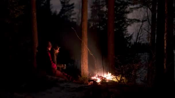 Couple Having Bonfire Woods Cold Night Timelapse — 비디오