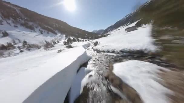 Crazy Racing Drone Flying High Speed Water Stream Flowing Snowy — Stock Video