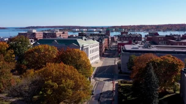 Drone Flying Downtown Portland Maine Ocean — Stock Video