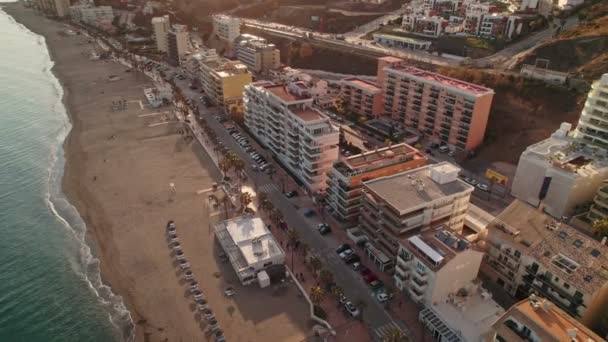 Aerial Coastline Benalmadena Tilting Reveal Sunset — Stock Video