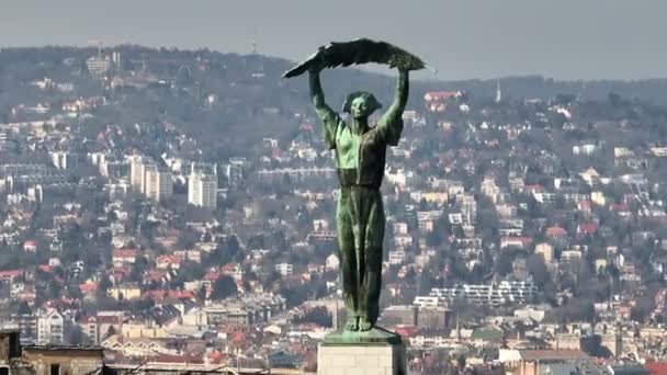 Hermosa Estatua Verde Libertad Libertad Centro Budapest Con Barrio Densamente — Vídeos de Stock