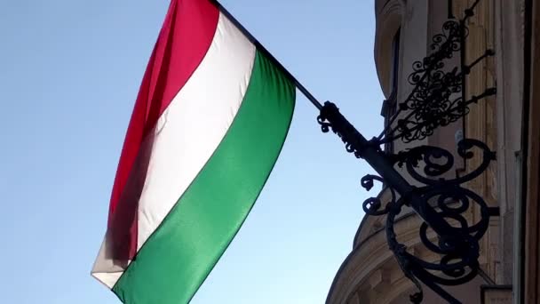 Rode Witte Groene Strepen Van Hongaarse Vlag Fladderen Een Zonnige — Stockvideo