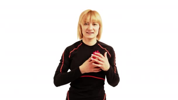 Woman Holding Heart Placing Located Body Holding Her Chest — Vídeo de stock