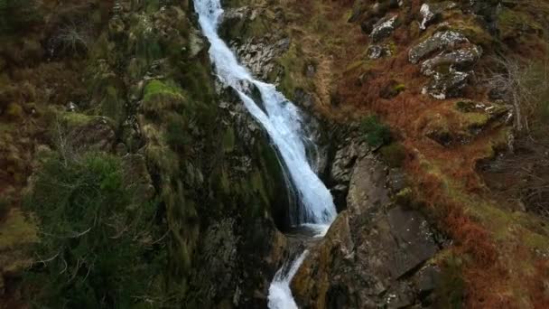 Carawaystick Waterfall Glenmalure Wicklow Ireland Лютий 2022 Року Дрон Штовхає — стокове відео