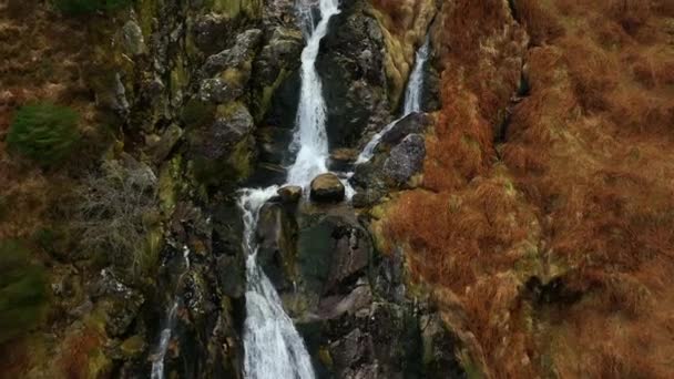 Carawaystick Waterfall Glenmalure Wicklow Ireland February 2022 Drone Slow Motion — Vídeos de Stock
