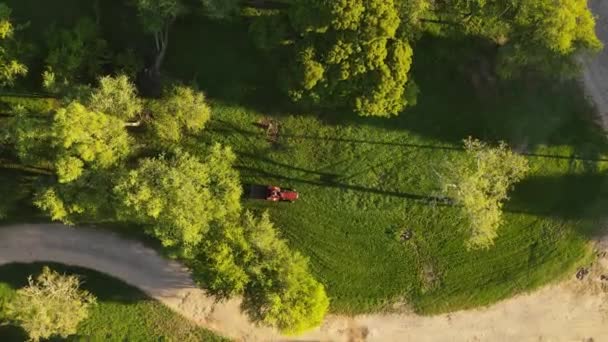 Aerial Top Shot Tractor Cutting Grass Park Sunny Day Evening — Stock Video