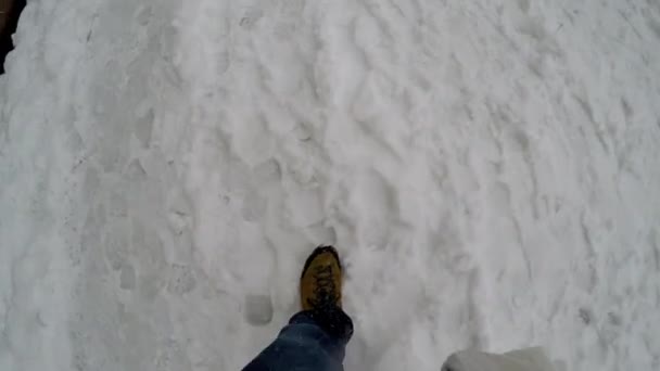 Punto Vista Uomo Che Cammina Strade Innevate Neve Già Abbastanza — Video Stock