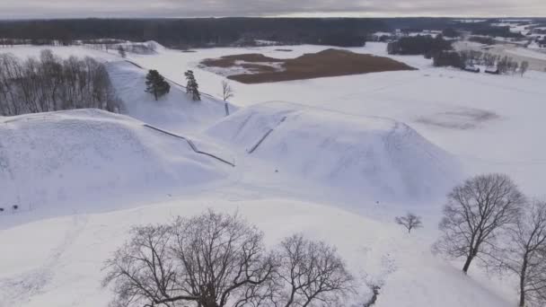 Old Tree Snowy Hill Fort Winter Aerial Fly Shot — Stockvideo