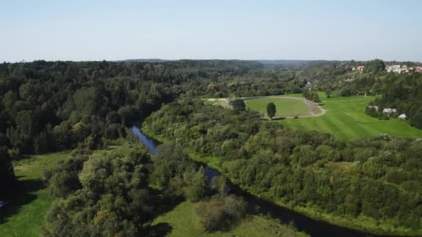 Drone Shot Small Town Lots Green Forest Bridge — Vídeos de Stock