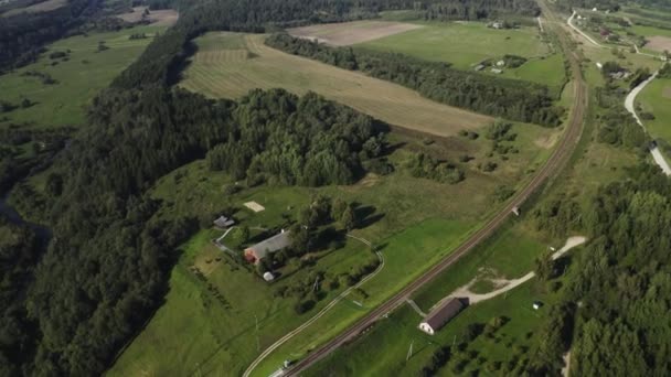 Drone Shot Small Town Lots Green Forest Bridge — Vídeo de Stock