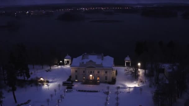 Filmato Aereo Drone Del Maniero Trakai Inverno Notte Con Luci — Video Stock