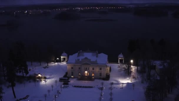 Drone Aerial Footage Trakai Manor Winter Time Night Lights — Stock Video