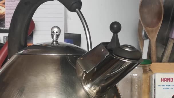 Βραστήρας Καπάκι Κρανίου Που Βράζει Ατμό Στην Κουζίνα — Αρχείο Βίντεο