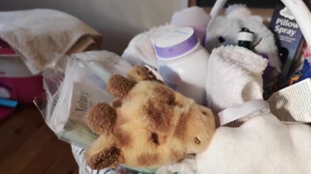 Mother Baby Shower Gift Basket Fluffy Plush Toys Parenting Comfort — Vídeo de Stock