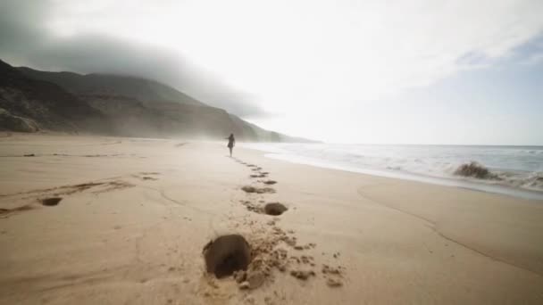 Woman Walking Alone Tropical Beach Leaving Footprints Sand Ocean Waves — 비디오