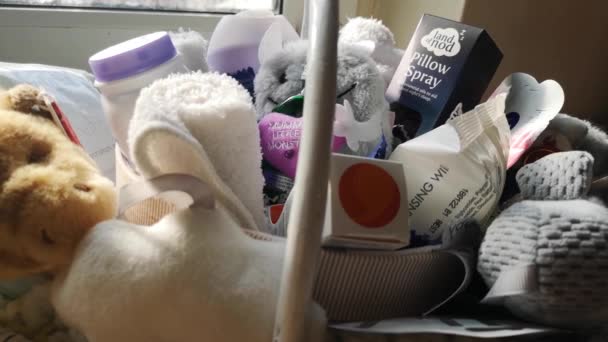 Soft Maternity Baby Shower Gift Basket Fluffy Plush Toys Parenting — Vídeo de Stock