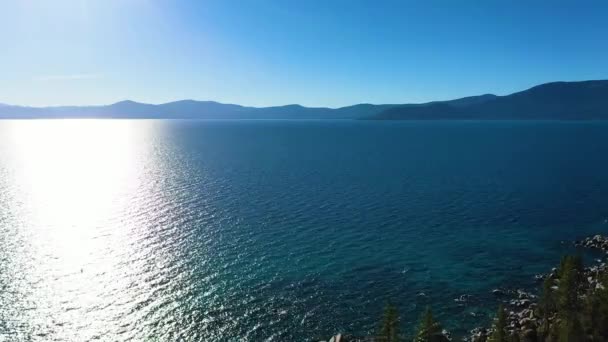 Drone Aéreo Revelação Sandy Beach Cove Pinheiros Lago Taho Califórnia — Vídeo de Stock