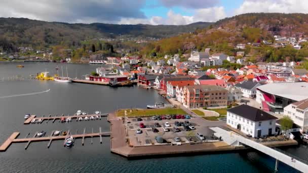 Drone Shot Flekkefjord Harbour Mountains Slow Descent Left Pan — стоковое видео