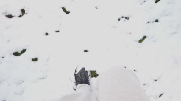 Pov Man Looking Feet While Walking Snow Slow Motion — Stock Video