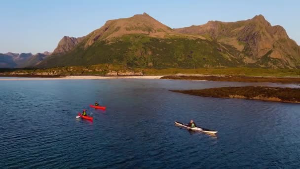 Aerial View Three Kayaks Paddling Shallow Waters Golden Hour Lofoten — Video Stock