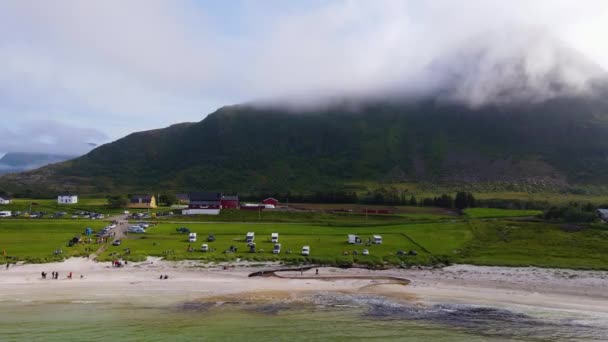 Aerial View Away People Gimsoysand Beach Summer Lofoten Norway Rotating — Video