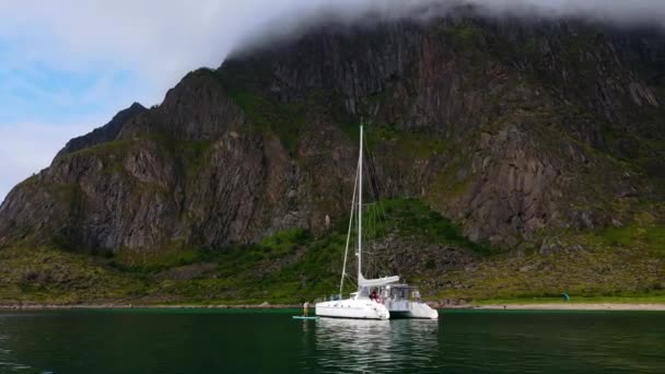 Aerial View Low Person Sup Boarding Catamaran Norway Orbit Drone — Video Stock