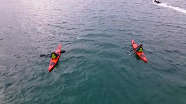 Aerial View Boat Passing Kayaks Waters Norwegian Sea Norway Tilt — Stock video