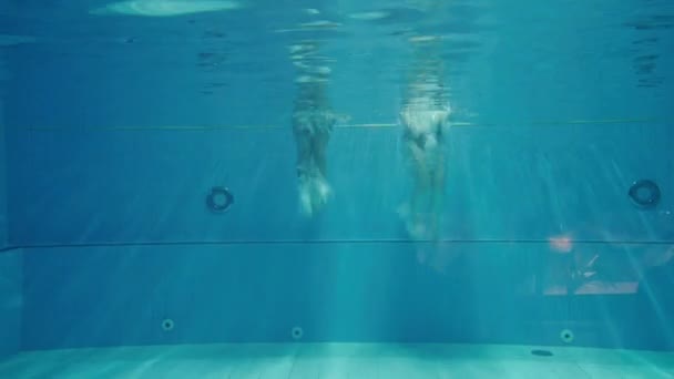 潜水情侣们穿着一次性泳衣 戴着潜水面罩 跳下水去游泳池游泳 准备游泳 — 图库视频影像