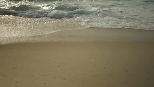 Närbild Sanden Den Portugisiska Stranden Med Havsvatten Och Skum — Stockvideo